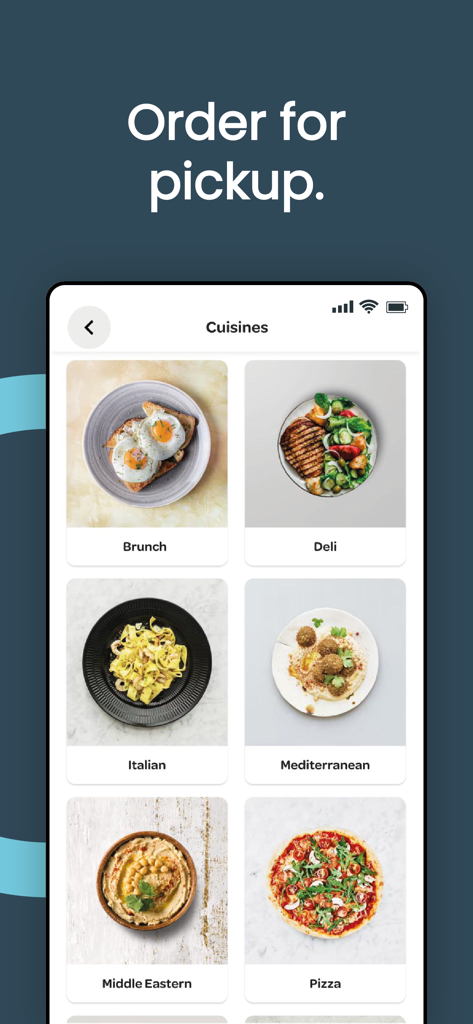 A mobile app interface showing various kosher cuisine categories like Italian, Mediterranean, and Pizza available for pickup.