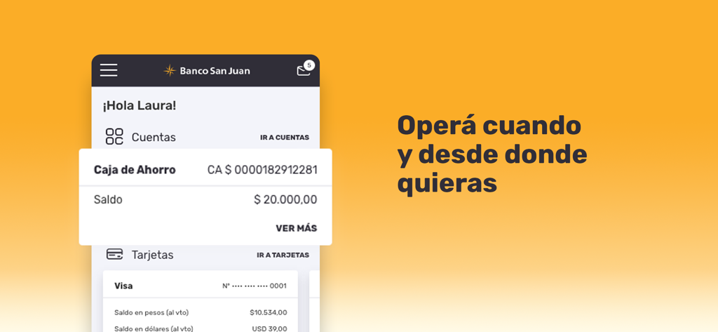 APP Banco San Juan - Interface bancaire mobile pour Banco San Juan montrant les soldes des comptes et les détails de la carte de crédit