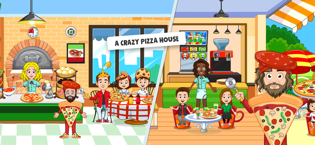 A cartoon pizza shop scene from the My Town Bakery app with characters in pizza costumes and a pizza oven.