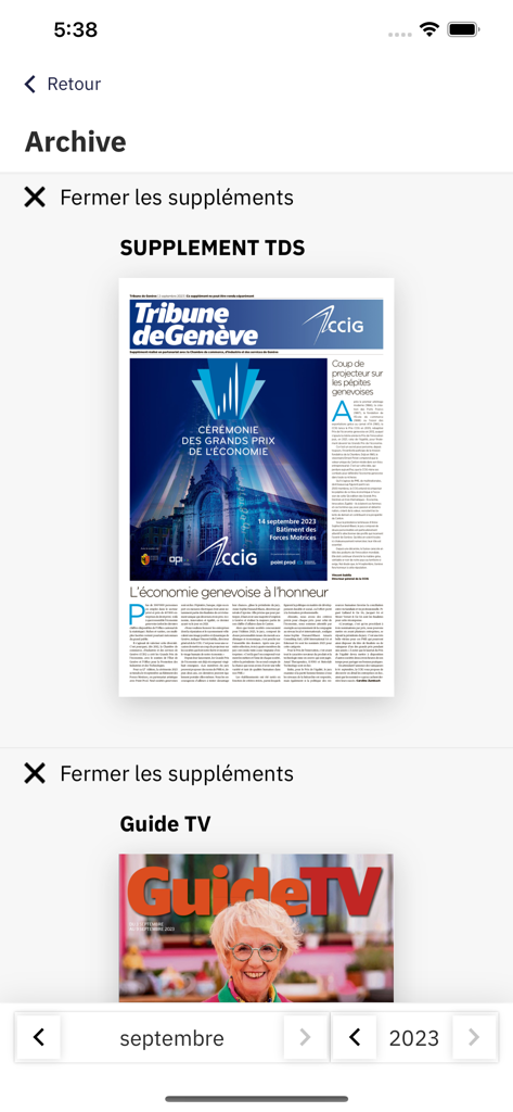 Archivbildschirm der mobilen Anwendung Tribune de Geneve mit Nachrichtenbeilagen und einem TV-Guide