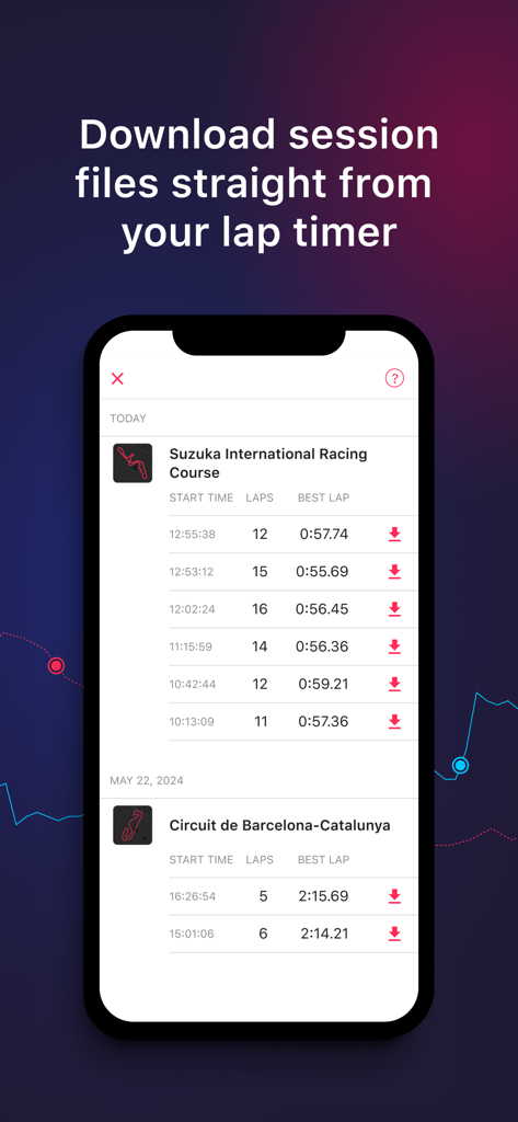 LapSnap - A mobile app screen showing a list of racing sessions from Suzuka and Barcelona tracks with download buttons for lap timer data