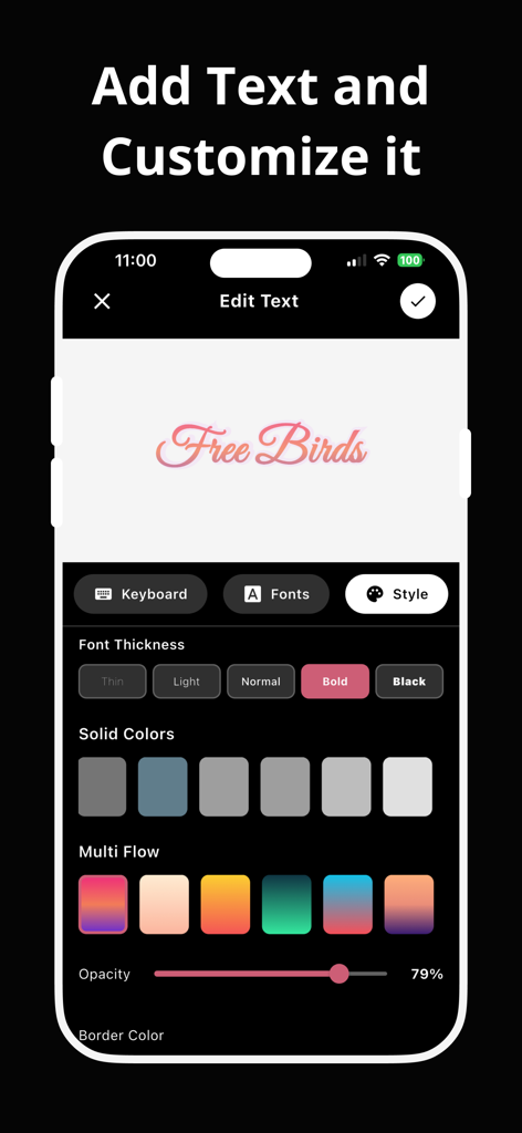 Benutzeroberfläche, die Textanpassungsoptionen einschließlich Schriftarten und Farben in der Collage Maker App zeigt