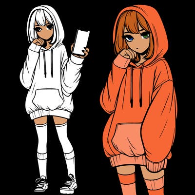 realistic girl who looks tired and is wearing an oversized hoodie and knee high socks and is holding a phone
