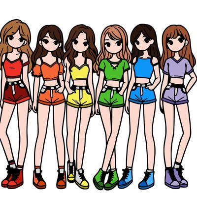 a group of girls wearing crop tops and shorts