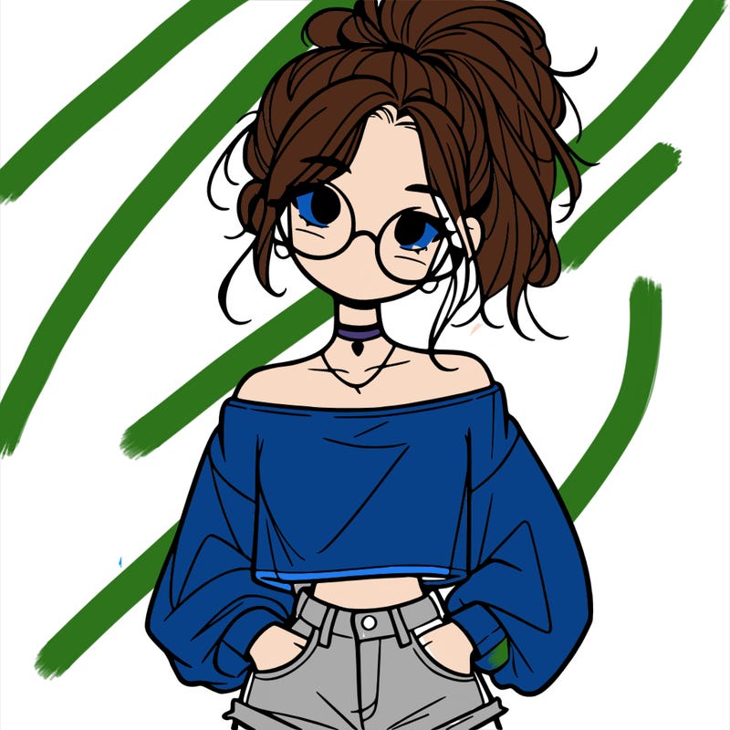 girl with a messy ponytail glasses a baggy crop top and jean shorts