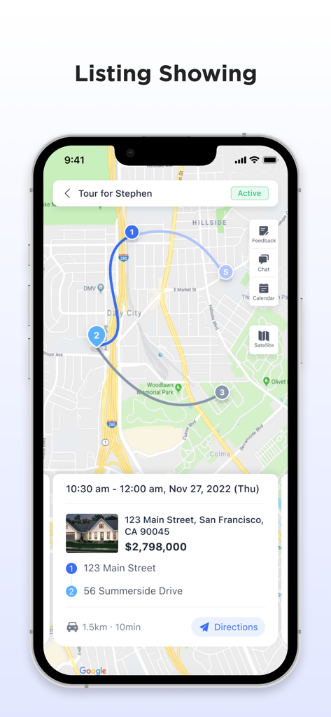 Map view showing a real estate property tour route and listing details