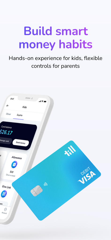 Smartphone displaying Till app interface alongside a Till Visa debit card for kids and teens