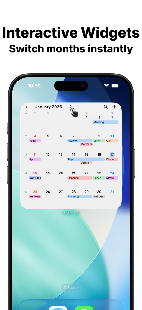 Pantalla de inicio del iPhone que muestra un widget de calendario mensual interactivo con eventos codificados por colores