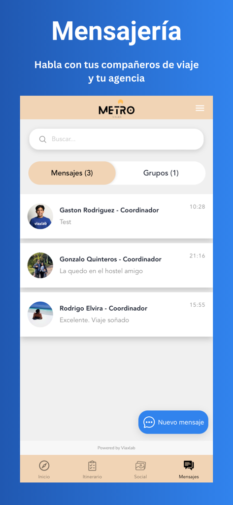 Viaxlab - Viaxlab mobile app messaging screen showing private chat threads with travel coordinators.