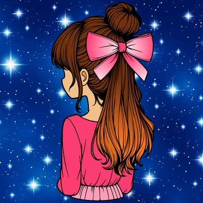 realistic girl  with hip length hair a bun and a big bow on the back of head