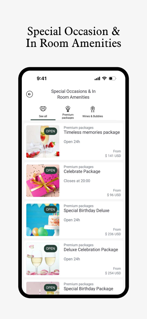 Marriott Experience - Marriott Experience app screen showing special occasion and in-room amenity packages for booking.