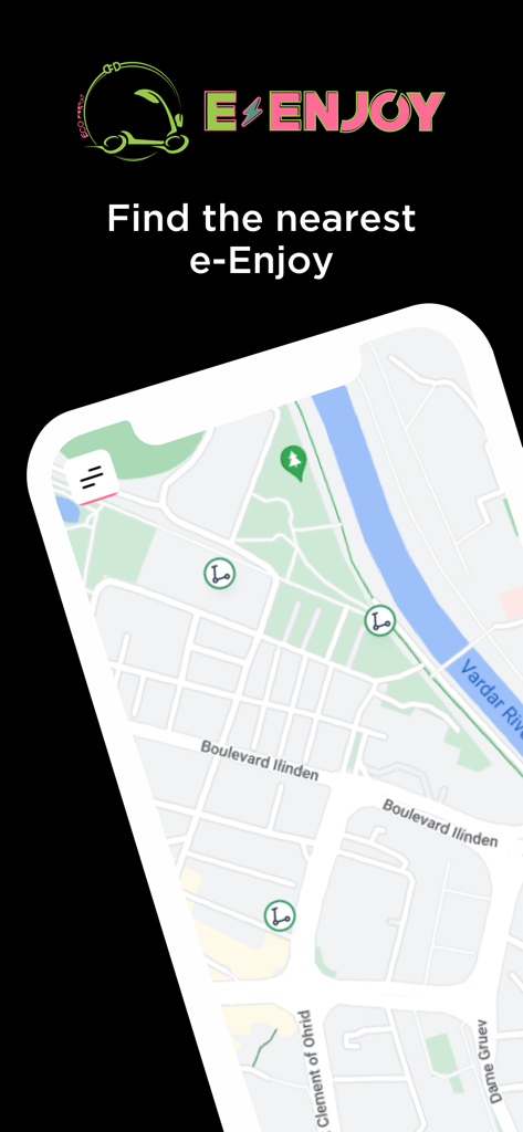 Interfaz de la aplicación e-Enjoy que muestra un mapa de la ciudad con ubicaciones de patinetes eléctricos disponibles