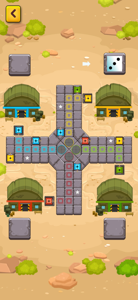 Multiplayer Ludo board game with a desert military theme and colored tank pieces
