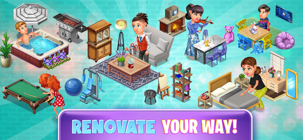 Characters in Virtual Families decorating and using various home furniture with the text Renovate Your Way