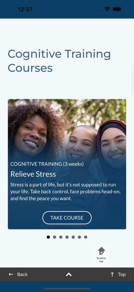 CircleWellness - CircleWellness app interface showing a cognitive training course for stress relief