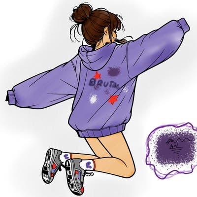realistic girl jumping with a bun and oversized sweatshirt