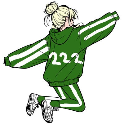 realistic girl jumping with a bun and oversized sweatshirt