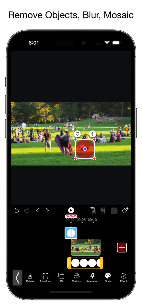 Mobile interface of Video Eraser app using a selection tool to remove an object from a video.