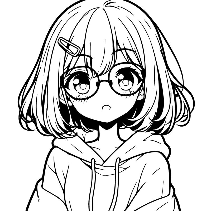 cute anime girl with shoulder length hair and glasses wearing a hoodie