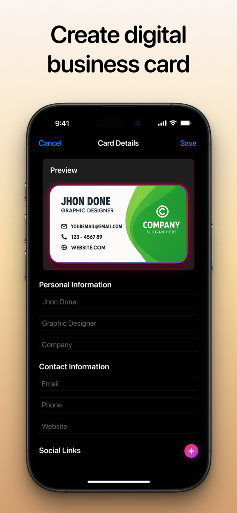iPhone screen showing the creation interface for a digital business card with fields for personal and contact information