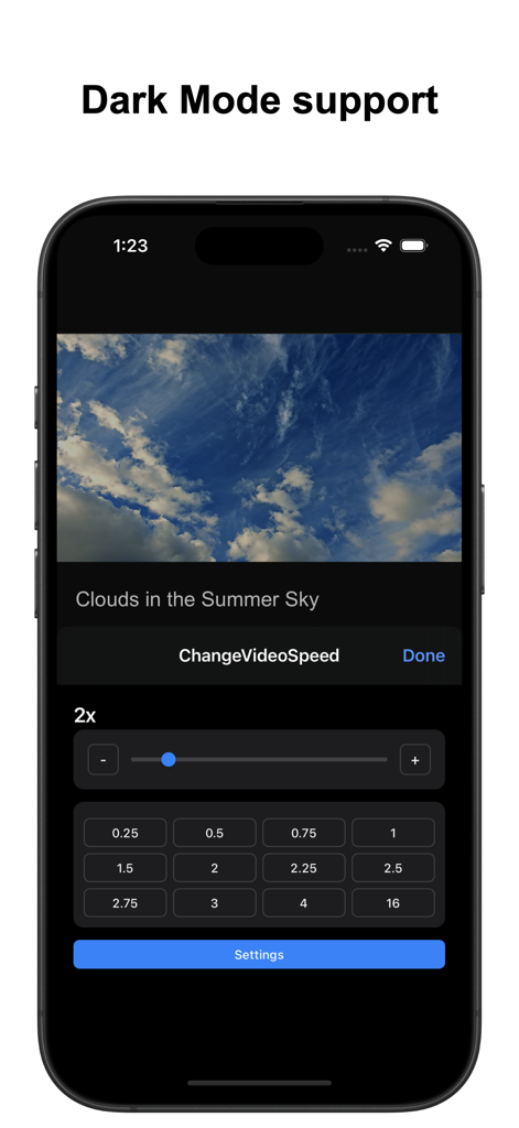 Change Video Speed for Safari app interface in dark mode showing speed slider and preset buttons on iPhone