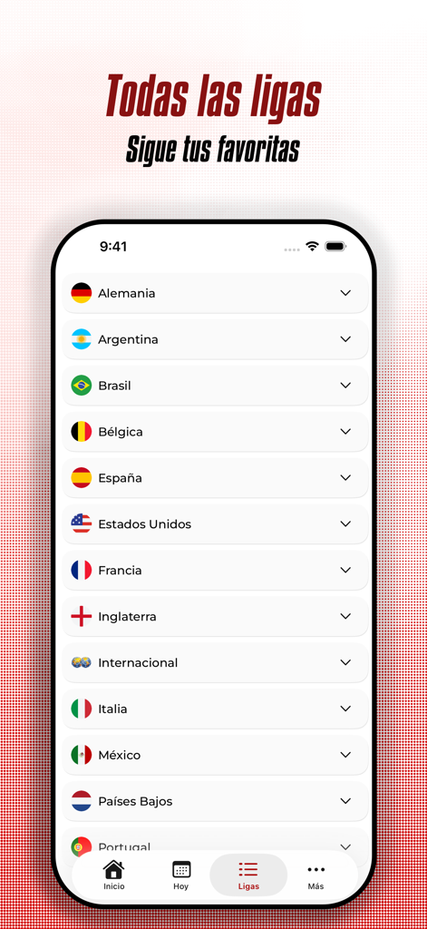 Captura de pantalla de la app Liga Futbol MX mostrando una lista de ligas de fútbol internacionales y banderas de países
