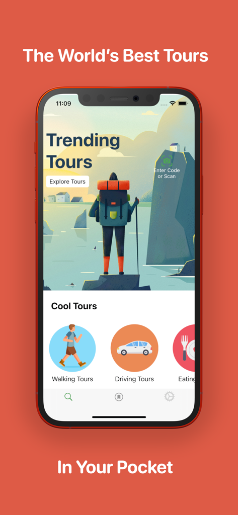 Pintours - Pintours app home screen on an iPhone showing trending tours and travel categories