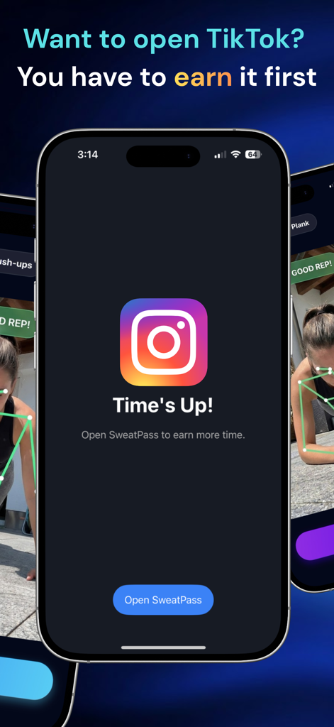 SweatPass: Earn Screen Time - Smartphone showing an Instagram app lock screen with a prompt to open SweatPass and earn more screen time through exercise