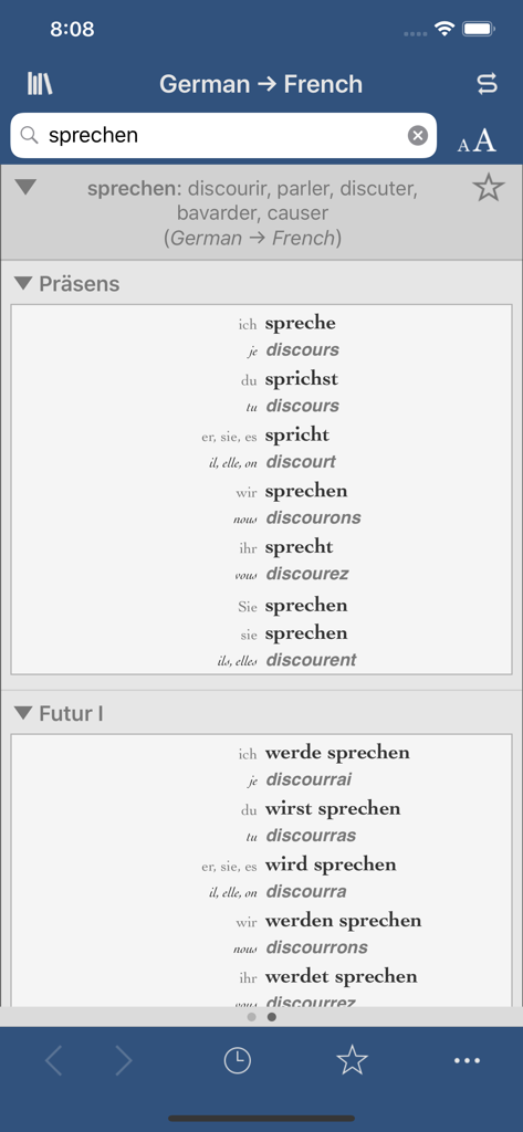 Ultralingua App-Oberfläche mit deutsch-französischen Wörterbuchdefinitionen und Verbkonjugationen für das Wort sprechen.