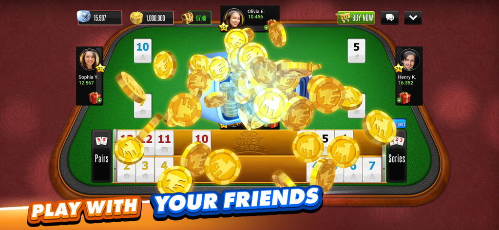 Okey Plus - Okey Plus multiplayer game screen showing player profiles and winning gold chips