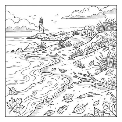 Immerse yourself in the tranquil beauty of a deserted autumn beach. This charming coloring page features a classic lighthouse overlooking the ocean, adorned with scattered fall leaves, perfect for a cozy creative escape.