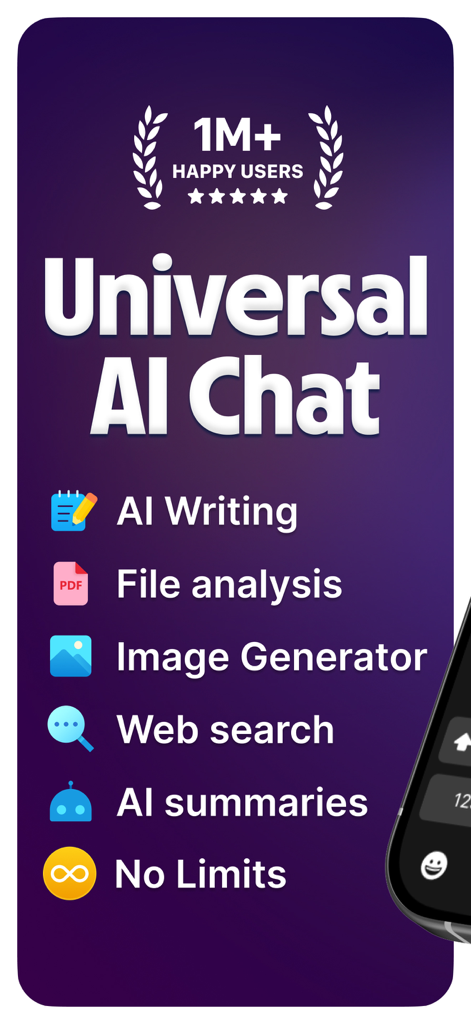 Fello AI: Chat Bot Assistant - Marketing screen for Fello AI showcasing its universal chat capabilities and productivity tools like file analysis and image generation