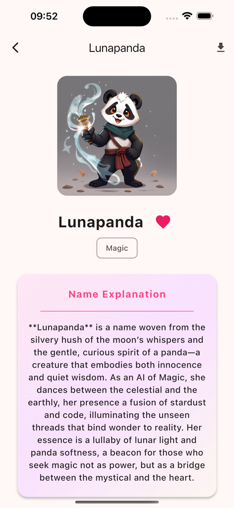 A character profile screen in the Kiskiss app featuring an AI-generated panda avatar and a poetic description of the name Lunapanda.