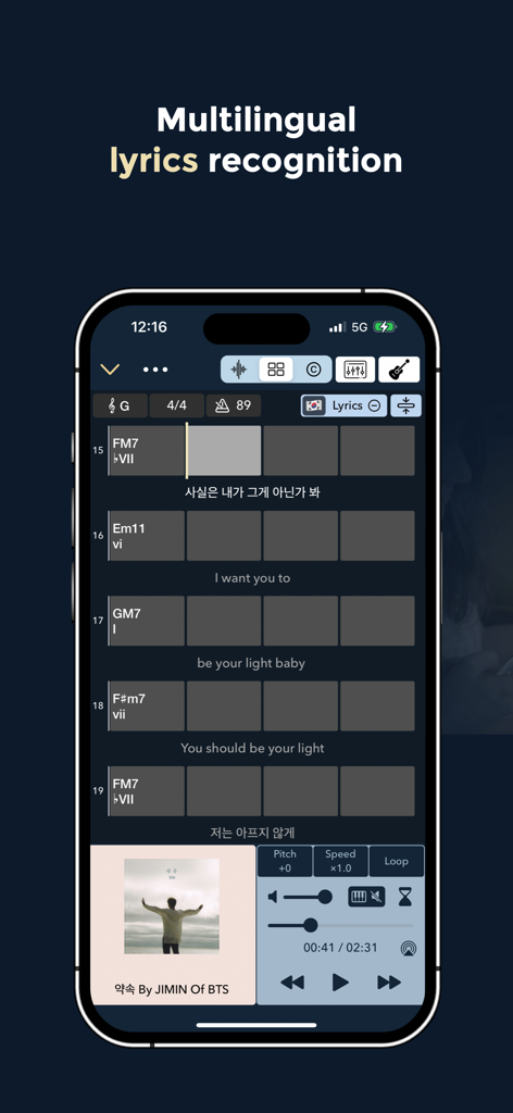 Chord ai - Play any song! - Chord ai app interface showing multilingual lyrics recognition with chords for a song by Jimin of BTS