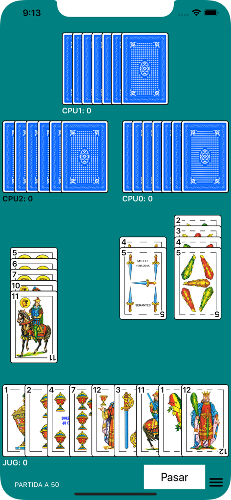 iCinquillo - Gameplay screen of iCinquillo card game featuring the traditional Spanish deck and CPU opponents on a green table.