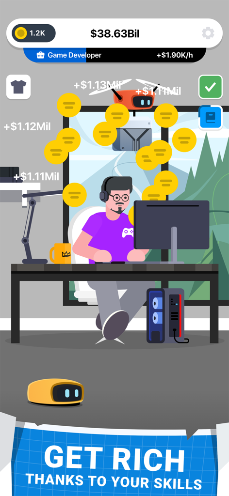 Cyber Dude: Dev Tycoon - Character sitting at a computer desk earning money with the text Get Rich Thanks to Your Skills