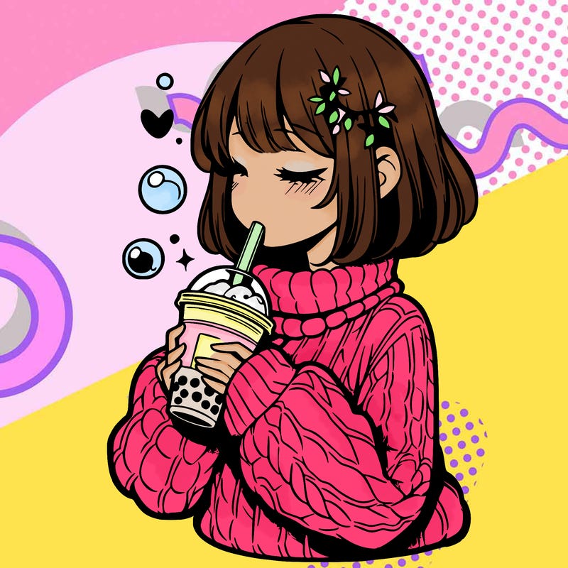 manga girl drinking boba in cozy sweater