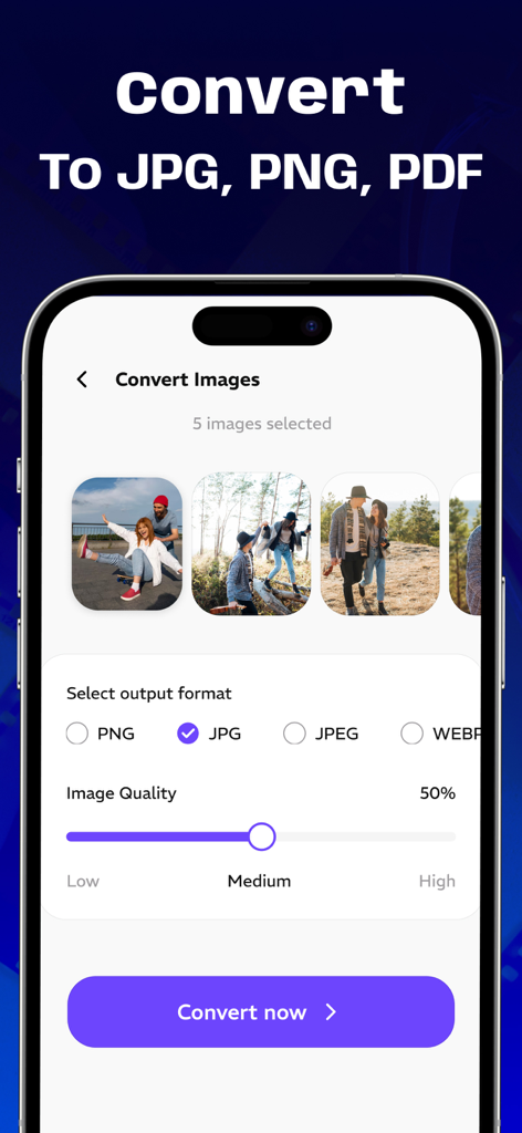 Image converter JPG, PNG, JPEG - A mobile interface showing the conversion of multiple images to JPG and PNG with quality settings.