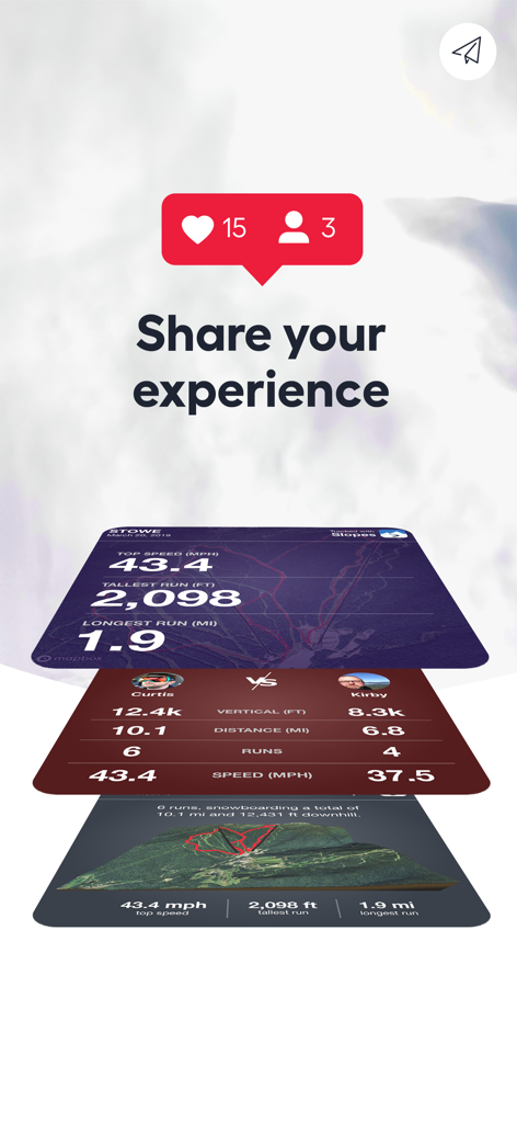 Die Benutzeroberfläche der Slopes-App zeigt einen Vergleich von Ski-Statistiken und Funktionen zum sozialen Teilen an.
