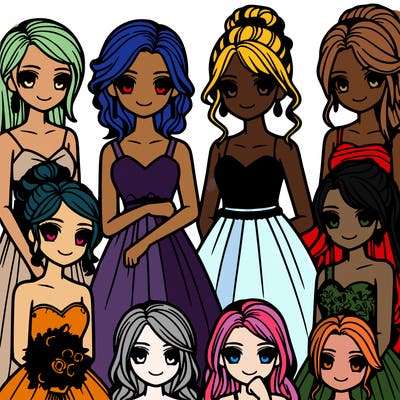 group of teenage girls in prom dresses