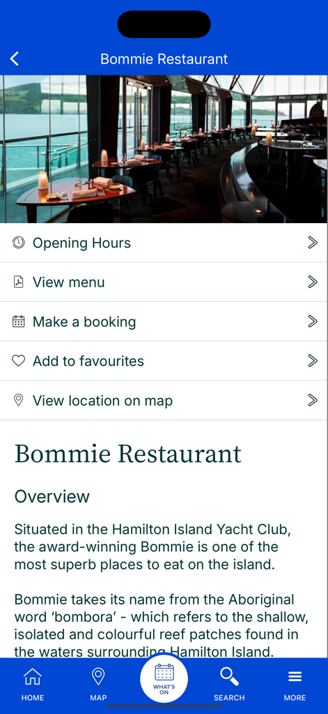 해밀턴 아일랜드 앱 화면에 봄미 레스토랑 세부 정보와 메뉴 보기 및 예약 옵션 표시