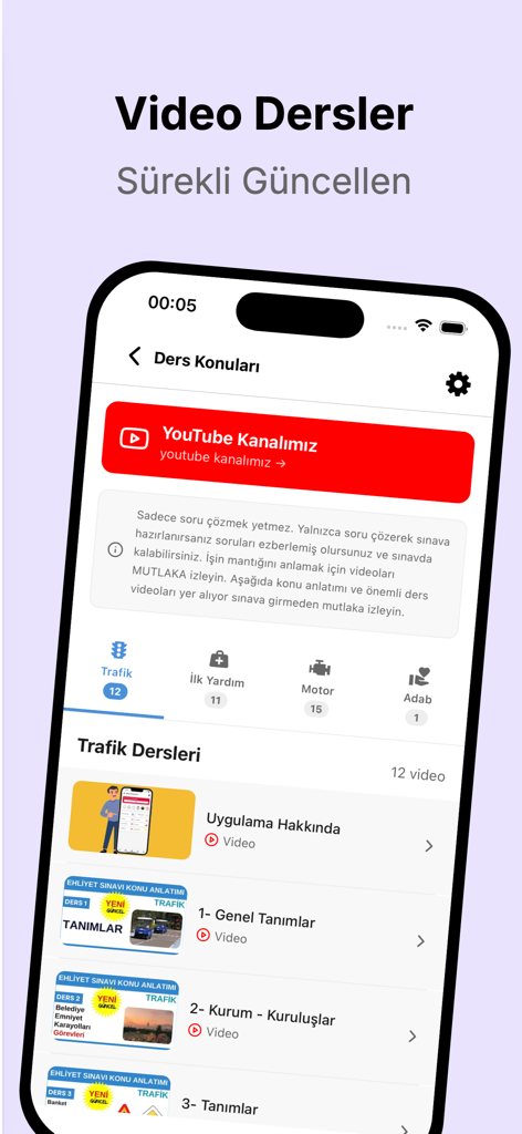 Mobile app screen displaying video lesson categories for the Turkish driver's license exam