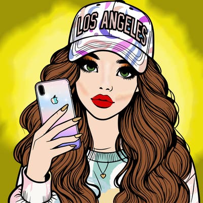realistic beautiful girl wearing los ángeles cap holding an iphone