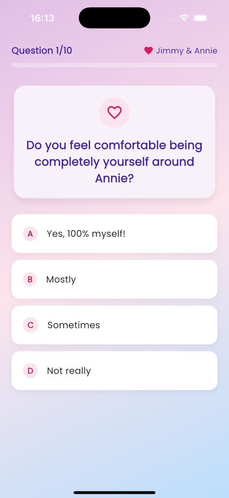 Love Tester - Crush Test - 핑크와 보라색 배경에 여러 객관식 답변이 있는 관계 퀴즈 질문을 표시하는 사랑 테스트 앱의 스크린샷.