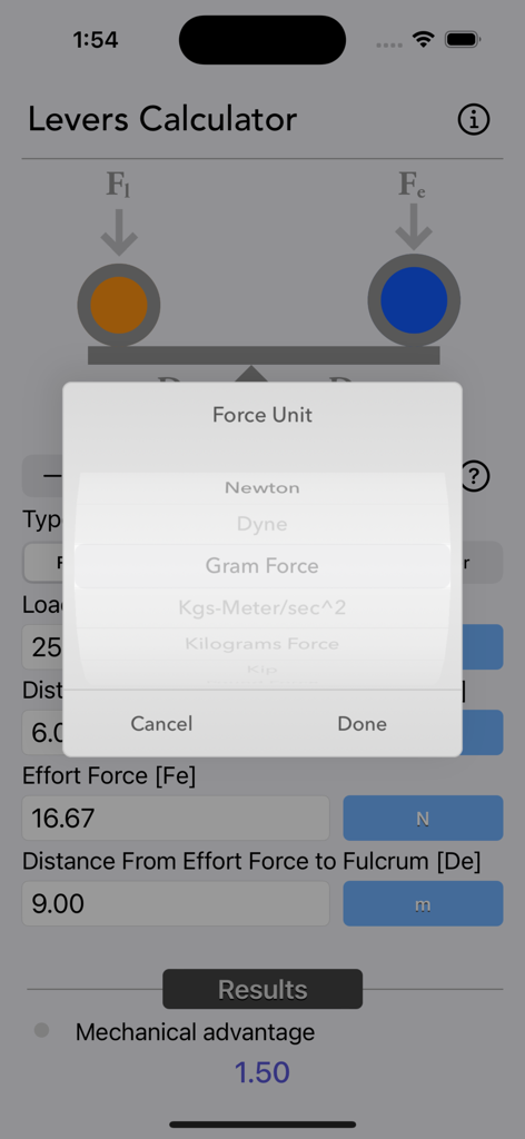 Levers Calculator - Levers Calculator app interface showing a popup menu for selecting force units like Newtons and Gram Force