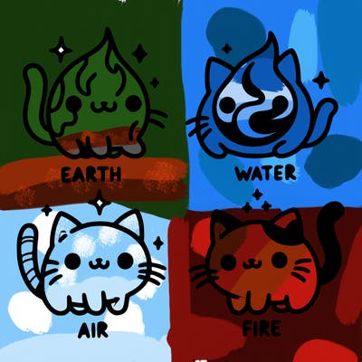 4 cats that represent the different elements, earth, water, air, and fire