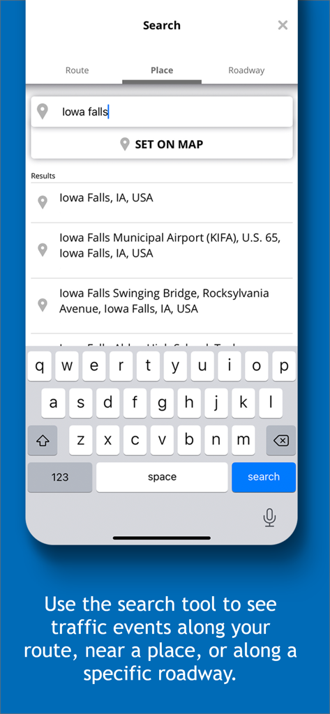 Iowa 511 - Iowa 511 app search interface showing location suggestions for Iowa Falls