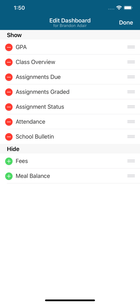 Screen for customizing dashboard widgets in the PowerSchool Mobile app including GPA assignments and attendance