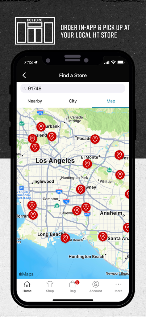 Hot Topic mobile app store locator screen showing a map of Los Angeles with store locations marked by red pins
