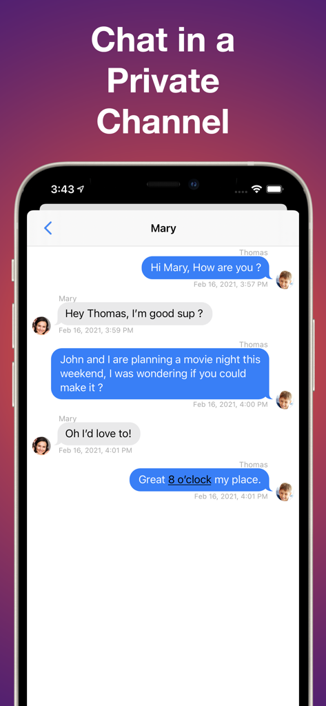 Interface de chat privado para comunicação familiar no aplicativo Encontre Minha Família